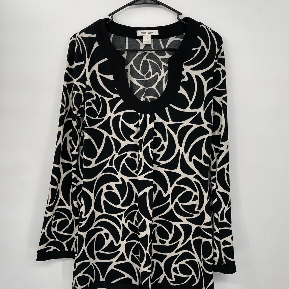 WHITE HOUSE BLACK MARKET BLACK/IVORY PRINT U-NECK LONG‎ SLEEVE BLOUSE! SZ L